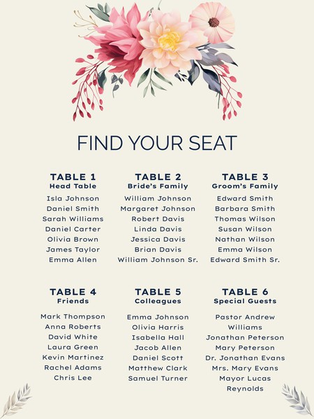 Free Boho Wedding Seating Chart Template – Google Docs
