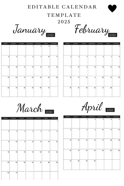 Monthly Calendar Google Docs Template - Minimalist, Black and White, Printable