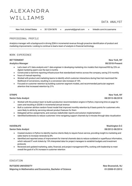 Minimalist Data Analyst Resume Google Docs Template: Free and ATS Friendly
