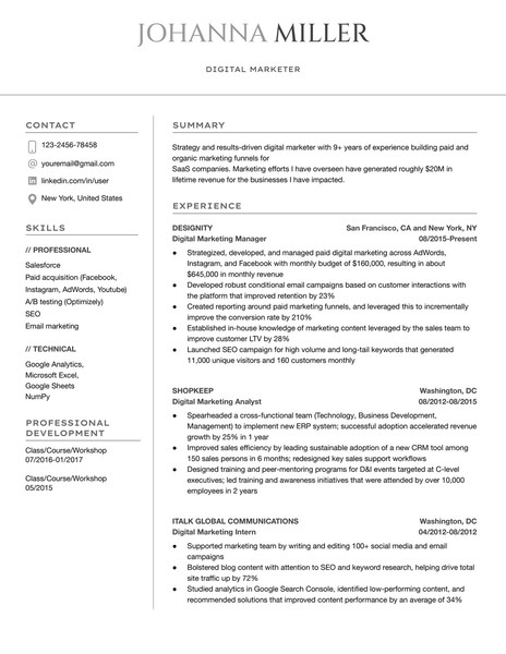 Modern Digital Marketer Resume Google Docs Template: Professional & ATS Friendly - page 1