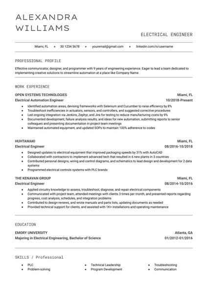Minimalist Electrical Engineer Resume Google Docs Template: Free and ATS Friendly