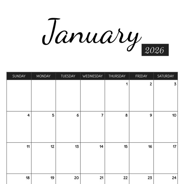 Monthly Calendar Google Docs Template 2026: Printable Black and White page 1