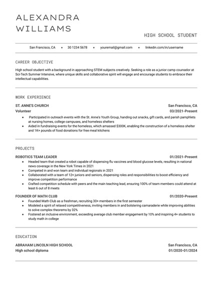 Minimalist High School Graduate Resume Google Docs Template - page 1