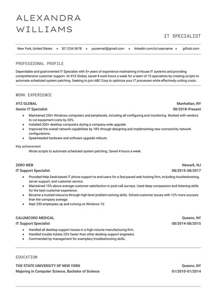 Minimalist IT Specialist Resume Google Docs Template: Free and ATS Friendly