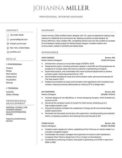 Modern Interior Designer Resume Google Docs Template: Professional & ATS Friendly - page 1
