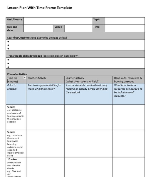 Lesson Plan With Time Frame Google Docs Template