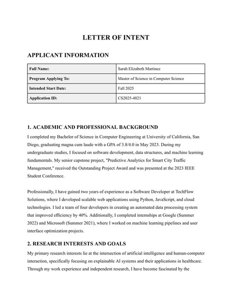 Free Graduate School Letter of Intent Google Docs Template