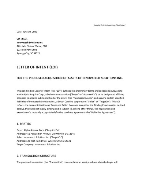 Free Letter of Intent (LOI) for Business Acquisition Google Docs Template