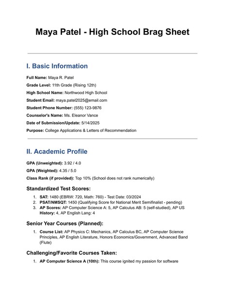 Free High School Сomprehensive Brag Sheet Google Docs Template