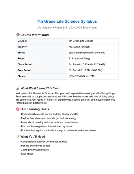 Free Middle School Syllabus Google Docs Template