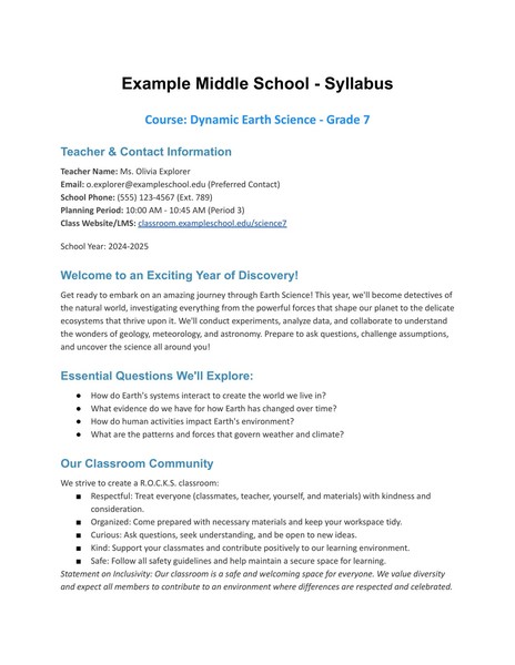 Free Modern Middle School Syllabus Template for Google Docs
