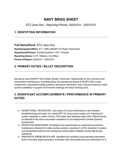 Free Navy Brag Sheet Google Docs Template