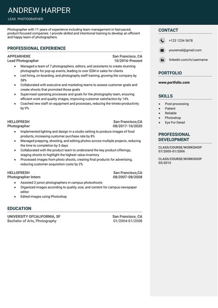 Attractive Photographer Resume Google Docs Template: Free and ATS Friendly