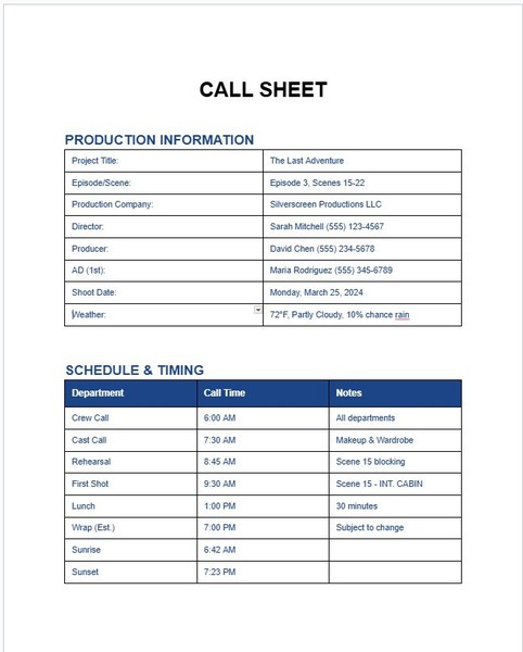 Professional Call Sheet Google Docs Template