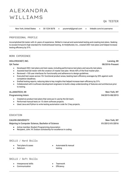 Minimalist QA Tester Resume Google Docs Template: Free and ATS Friendly