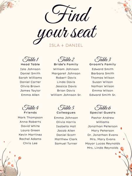 Romantic Wedding Seating Chart Google Docs Template