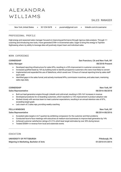 Minimalist Sales Manager Resume Google Docs Template: Free and ATS Friendly - page 1