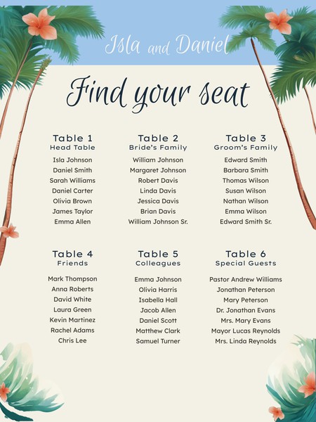 Free Beach-Themed Wedding Seating Chart Template – Google Docs