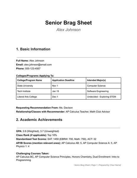 Free Senior Brag Sheet Google Docs Template