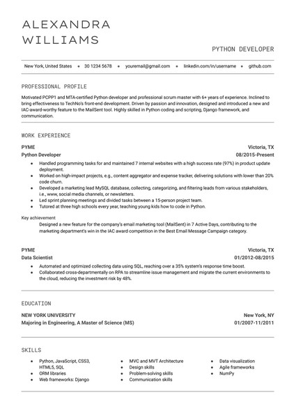 Minimalist Software Developer Resume Google Docs Template: Free and ATS Friendly