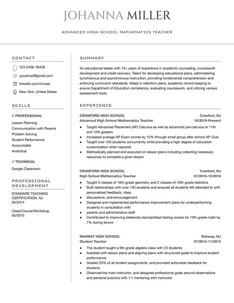 Modern Teacher Resume Google Docs Template - page 1