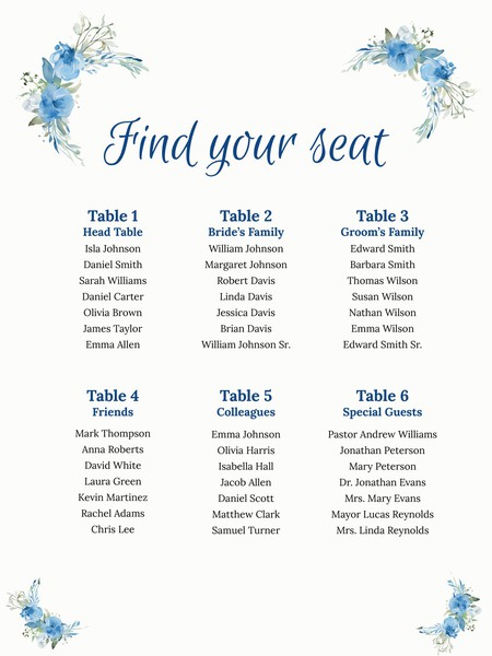 Free Watercolor Wedding Seating Chart Template – Google Docs