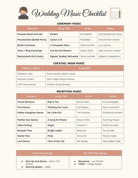 Free Wedding Music Checklist Google Docs Template