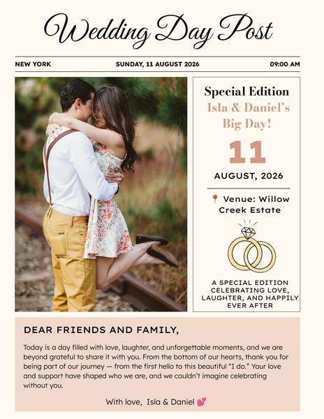 Free Aesthetic Wedding Newspaper Google Docs Template