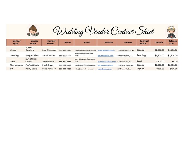Free Wedding Vendor Contact Sheet Google Sheets Template