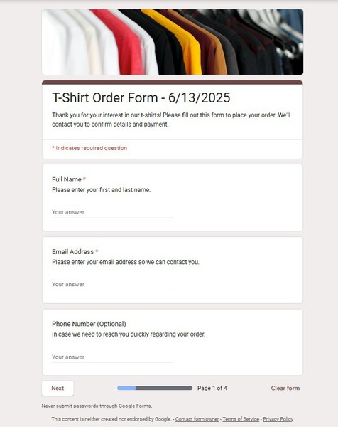 T-Shirt Order Form Google Forms Template