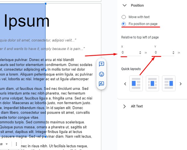 Set Relative to top left of page in Google Docs Guide