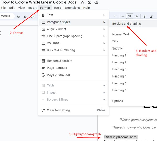 Paragraph Borders and shading navigation instructions in Google Docs